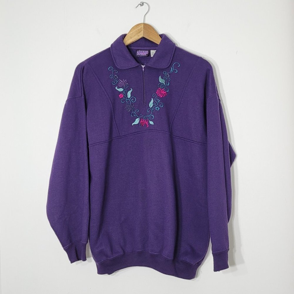 Vintage Purple Collar Floral Embroidered Y2K Cottagecore Granny 90s Sweatshirt M